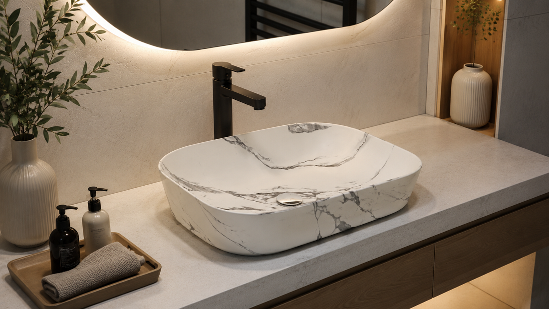 Inspirasi Kamar Mandi Minimalis dengan Wastafel Motif Marmer